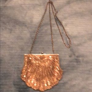 Old gold satin and beaded seashell evening clutch